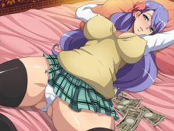 Rule 34 | 1girl, bed, blue eyes, blush, breasts, chiro (youkai tamanokoshi), curvy, covered erect nipples, female focus, hair ribbon, large breasts, long hair, looking at viewer, lying, nozokibeya, on back, open mouth, panties, prostitution, puffy nipples, purple hair, ribbon, school uniform, skirt, solo, spread legs, thick thighs, thighhighs, thighs, underwear, wide hips