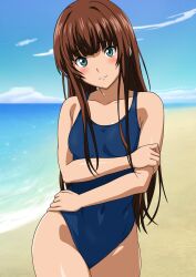 Rule 34 | 1girl, amagami, aqua eyes, beach, blue one-piece swimsuit, blue sky, blush, breasts, brown hair, closed mouth, cloud, covered navel, cowboy shot, day, female focus, highres, kamizaki risa, long hair, looking at viewer, new school swimsuit, ocean, one-piece swimsuit, outdoors, sand, school swimsuit, sky, small breasts, solo, swimsuit, water, yuuyuu (3jjbn)