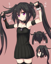 Rule 34 | 1girl, amano kouki, armband, black hair, black thighhighs, bracelet, choker, cowboy shot, cross, cross necklace, dress, fingerless gloves, flat chest, gloves, hair between eyes, highres, inverted cross, jewelry, long hair, looking at viewer, multiple views, necklace, note-chan, original, purple eyes, quad tails, simple background, smile, strapless, strapless dress, thighhighs, twintails, very long hair