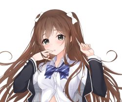 Rule 34 | 1girl, bad id, bad twitter id, black eyes, black jacket, blue bow, blue neckwear, blush, bow, brown hair, commentary request, hair bow, highres, jacket, lebring, long hair, long sleeves, looking at viewer, open mouth, original, school uniform, shirt, simple background, solo, twintails, two side up, very long hair, white background, white bow, white shirt