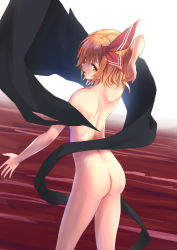 Rule 34 | 1girl, arm behind head, arm up, ass, back, blonde hair, commentary, completely nude, from behind, hair between eyes, hair ribbon, highres, looking at viewer, looking back, nude, open mouth, red eyes, red ribbon, ribbon, roke (taikodon), rumia, short hair, shoulder blades, solo, touhou