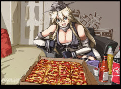 Rule 34 | 1girl, black border, blonde hair, blue eyes, border, bottle, breasts, chair, cleavage, coca-cola, door, elbow gloves, food, garter straps, gloves, hair between eyes, headgear, highres, indoors, iowa (kancolle), kantai collection, large breasts, long hair, meme, open mouth, photo-referenced, pizza, pizza box, plate, sauce, seitei (04seitei), sitting, soda, soda bottle, solo, star-shaped pupils, star (symbol), symbol-shaped pupils, thighhighs, thumbs up, twitter username, yellow pupils