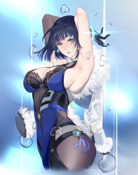Rule 34 | 1girl, armpits, ass, au11, black gloves, black hair, black pantyhose, blue dress, blue eyes, breasts, cleavage, collar, dress, from side, genshin impact, gloves, highres, large breasts, looking at viewer, pantyhose, short hair, side slit, solo, water drop, yelan (genshin impact)
