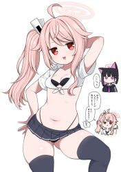 Rule 34 | 2girls, ahoge, alternate costume, animal ears, arm behind head, black bra, black hair, black panties, blue archive, blue skirt, blue thighhighs, bra, breasts, cat ears, chibi, chibi inset, collarbone, contrapposto, crop top, front-tie top, gyaru, halo, hand on own hip, highleg, highleg panties, inset, jitome, kazusa (blue archive), kogal, long hair, looking at viewer, microskirt, multicolored hair, multiple girls, natsu (blue archive), navel, open mouth, panties, pink hair, pleated skirt, plump, red eyes, shirt, side ponytail, skirt, small breasts, smile, solo focus, speech bubble, standing, stomach, string panties, thick thighs, thighhighs, thighs, thong, translation request, two-tone hair, unadare, underwear, white shirt