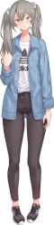 Rule 34 | 1girl, absurdres, adidas, black pants, blush, closed mouth, clothes writing, franham, full body, gluteal fold, grey hair, hair between eyes, hair ribbon, head tilt, highres, jacket, kantai collection, logo, long hair, long image, looking at viewer, open clothes, open jacket, pants, pink lips, ribbon, shirt, shoes, skin tight, sleeves rolled up, sneakers, solo, standing, t-shirt, tall image, thighhighs, twintails, white background, yellow eyes, zettai ryouiki, zuikaku (kancolle)