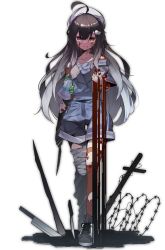 Rule 34 | 1girl, ahoge, bandaged leg, bandages, barbed wire, bare shoulders, beret, blood, blood on hands, brown eyes, brown hair, clip studio paint (medium), closed mouth, full body, gradient hair, grey hair, hair between eyes, hat, highres, holding, holding knife, knife, korean streamer, looking at viewer, mmange2, multicolored hair, off-shoulder shirt, off shoulder, original, overall shorts, overalls, scar, se.a, shirt, shoes, short sleeves, simple background, solo, streamers, thigh gap, white background, white footwear, white hat, white shirt, wide sleeves
