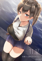 Rule 34 | 10s, 1girl, artist name, black thighhighs, blue skirt, blush, breasts, brown eyes, brown gloves, brown hair, dated, eyebrows, from above, gloves, hair between eyes, jewelry, kaga (kancolle), kantai collection, large breasts, looking at viewer, looking up, muneate, ocean, pleated skirt, ring, sakiryo kanna, shiny clothes, short hair, side ponytail, single glove, sitting, skindentation, skirt, solo, thighhighs, translated, wedding band
