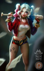 Rule 34 | 1girl, animification, anna nikonova, baseball bat, batman (series), belt, belt buckle, blonde hair, blue hair, bracelet, brass knuckles, breasts, brown eyes, buckle, choker, cleavage, cleavage cutout, clothing cutout, dc comics, dccu, earrings, eyeshadow, facepaint, female focus, fingerless gloves, fishnet pantyhose, fishnets, gloves, gradient hair, harley quinn, jacket, jewelry, large breasts, lipstick, long hair, makeup, midriff, multicolored clothes, multicolored hair, nail polish, navel, newmilky, nose, over shoulder, pantyhose, pink hair, sequins, shirt, short shorts, shorts, single glove, smile, solo, spiked bracelet, spikes, studded belt, suicide squad, tattoo, torn clothes, torn pantyhose, torn shirt, twintails, two-tone hair, weapon, weapon over shoulder