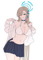 Rule 34 | 1girl, absurdly long hair, absurdres, alfie (tmdals7645), asuna (blue archive), asymmetrical bangs, black skirt, blue archive, blue eyes, blue nails, bow, bra, breasts, brown hair, choker, cleavage, collarbone, cowboy shot, grin, hair bow, hair over one eye, halo, highres, large breasts, long hair, long sleeves, looking at viewer, mole, mole on breast, navel, off shoulder, shirt, sidelocks, simple background, skirt, smile, solo, sweatdrop, underwear, undressing, very long hair, white background, white bra, white shirt