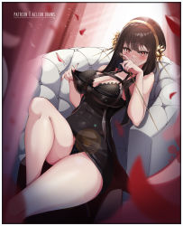 Rule 34 | 1girl, absurdres, aelion draws, artist name, black panties, breasts, cleavage, couch, dagger, gold hairband, hairband, highres, holding, holding dagger, holding knife, holding weapon, knife, lingerie, looking at viewer, medium breasts, navel, on couch, panties, patreon username, red eyes, sitting, solo, spy x family, thighs, underwear, weapon, yor briar