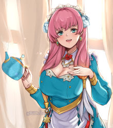 Rule 34 | 1girl, alternate costume, blue eyes, breasts, cleavage, earrings, enmaided, fire emblem, fire emblem heroes, flower, gunnthra (fire emblem), hair flower, hair ornament, highres, holding, jewelry, large breasts, long hair, long sleeves, maid, maid headdress, nintendo, open mouth, pink hair, ritence, solo, teapot, twitter username
