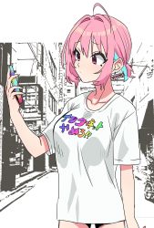 Rule 34 | 1girl, ahoge, alternate hairstyle, aqua hair, breasts, closed mouth, clothes writing, collarbone, earrings, hair intakes, hand up, highres, holding, holding phone, idolmaster, idolmaster cinderella girls, jewelry, looking at phone, medium breasts, monochrome background, multicolored hair, phone, pink hair, shirt, short hair, short sleeves, smartphone case, solo, sukoyaka (100hituzi), thighs, translated, white shirt, yumemi riamu