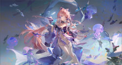 Rule 34 | 1girl, bare shoulders, black collar, bow-shaped hair, collar, commentary request, feet out of frame, fish, genshin impact, gloves, hand up, highres, jellyfish, knees together feet apart, long hair, looking at viewer, navel, open mouth, pink hair, purple eyes, purple sleeves, sangonomiya kokomi, shorts, smile, solo, thighhighs, tracyton, very long hair, vision (genshin impact), white gloves, white shorts, white thighhighs, wide sleeves