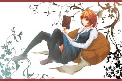 Rule 34 | 1girl, alternate hairstyle, bad id, bad pixiv id, bat wings, black thighhighs, book, cushion, embodiment of scarlet devil, female focus, full body, head wings, henau, koakuma, magic circle, open clothes, open shirt, red eyes, red hair, shirt, solo, thighhighs, touhou, white background, wings