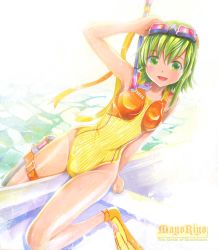 Rule 34 | 1girl, :d, artist name, asics, blush, competition swimsuit, flippers, goggles, goggles on head, green eyes, green hair, gumi, matching hair/eyes, mayo riyo, one-piece swimsuit, open mouth, red-tinted eyewear, shiny skin, smile, snorkel, solo, swimsuit, thigh strap, tinted eyewear, traditional media, vocaloid, water