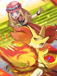 Rule 34 | 1girl, animal ear fluff, blonde hair, blush, clenched hand, collarbone, creatures (company), delphox, eyewear on head, fangs, fire, game freak, gen 6 pokemon, hat, high-waist skirt, highres, inana umi, looking at viewer, mega ring, nintendo, open mouth, pleated skirt, pokemon, pokemon (creature), pokemon xy, red fur, serena (pokemon), skirt, stairs, sunglasses, teeth, yellow fur