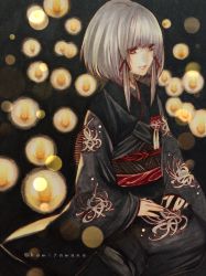 Rule 34 | 1girl, albino, artist name, blunt bangs, braid, fatal frame, fatal frame 5, flat chest, floral print, flower, from side, hair ribbon, hands on lap, highres, japanese clothes, kamiyamana, kimono, lantern, lens flare, light smile, long sleeves, md5 mismatch, night, obi, paper lantern, red eyes, resolution mismatch, ribbon, sash, seiza, shiragiku (fatal frame), short hair, sidelocks, sitting, sleeves past wrists, solo, source smaller, spider lily, spider lily print, tress ribbon, twin braids, twitter username, white hair, wide sleeves
