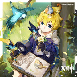 Rule 34 | 1boy, absurdres, animal, animal on head, bird, bird on head, black gloves, blonde hair, book, copyright name, cowlick, flower, genshin impact, gloves, grass, hair between eyes, highres, holding, holding flower, logo, long sleeves, looking at viewer, looking back, male focus, mika (genshin impact), official art, on head, open book, outdoors, sitting, tree, upper body, writing