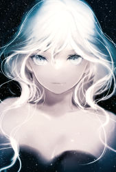 Rule 34 | 1girl, bare shoulders, breasts, cleavage, collarbone, light smile, long hair, lpip, original, pale skin, see-through, small breasts, solo, space, upper body, white eyes, white hair
