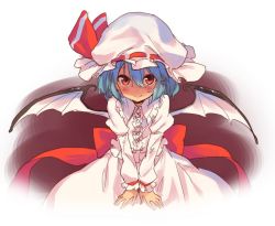 Rule 34 | 1girl, :&gt;, bat wings, blue hair, bow, frilled hat, frilled shirt collar, frills, hair between eyes, hat, hat ribbon, juliet sleeves, long sleeves, looking at viewer, mob cap, puffy sleeves, red bow, red eyes, red ribbon, remilia scarlet, ribbon, sawayaka samehada, shaded face, shirt, short hair, skirt, smile, solo, touhou, upper body, v arms, white hat, white shirt, white skirt, wings