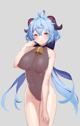 Rule 34 | 1girl, absurdres, ahoge, balloon 79, bare shoulders, bell, black leotard, blue hair, blush, bow, breasts, cameltoe, cleft of venus, covered erect nipples, covered navel, ganyu (genshin impact), genshin impact, groin, highres, horns, large breasts, leotard, long hair, looking at viewer, low ponytail, neck bell, purple eyes, see-through, sidelocks, solo, standing, thighs