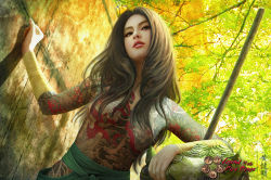 Rule 34 | 1girl, breasts, dragon, full-body tattoo, game, highres, irezumi, japan, japanese clothes, legend of the five rings, long hair, mario wibisono, medium breasts, monk, nipples, realistic, samurai, solo, tattoo, wrist wrap
