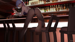Rule 34 | 1girl, alcohol, ass, back, backless leotard, bar (place), bare shoulders, bent over, bottle, breasts, brown pantyhose, chair, cup, drinking glass, fate/grand order, fate (series), feet, hair ribbon, highleg, highleg leotard, highres, kama (fate), kimo (sia-11), legs, leotard, looking at viewer, looking back, medium breasts, open mouth, pantyhose, pink ribbon, purple leotard, red eyes, ribbon, short hair, silver hair, soles, solo, thighs, wine, wine bottle