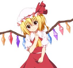 Rule 34 | 1girl, 40cabbage, ascot, blonde hair, blush, finger to own chin, flandre scarlet, hat, head tilt, mob cap, red eyes, short hair, side ponytail, simple background, smile, solo, touhou, white background, wings