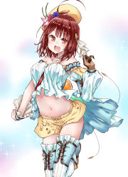Rule 34 | 1girl, :d, ahoge, alt (ctrldel), asymmetrical gloves, atelier (series), atelier sophie, blue flower, blush, breasts, brown eyes, brown gloves, brown hair, collarbone, crop top, detached sleeves, flower, gloves, hair ornament, hat, hat flower, highres, jewelry, leg up, looking at viewer, medium breasts, midriff, miniskirt, navel, necklace, open mouth, pink flower, red flower, short hair, skirt, smile, solo, sophie neuenmuller, standing, standing on one leg, stomach, strapless, thigh strap, thighhighs, uneven gloves, white background, white thighhighs, wrist cuffs, yellow hat, yellow skirt