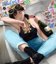 Rule 34 | 1girl, 2024, bathroom, black footwear, black hair, black tank top, blue pants, boots, bottle, breasts, brown eyes, casual, chainsaw man, champagne bottle, cleavage, commentary, denim, drunk, empty eyes, english commentary, flower, flower necklace, graffiti, higashiyama kobeni, highres, holding, holding bottle, inkspirate, jeans, jewelry, lei, medium breasts, medium hair, multiple moles, necklace, new year, novelty glasses, on floor, pants, runny makeup, sitting, solo, tank top, tile wall, tiles, yellow-framed eyewear
