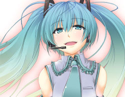 Rule 34 | 1girl, :d, aqua hair, collared shirt, crying, detached sleeves, eyebrows, gradient background, gradient hair, grey shirt, hair between eyes, hair ornament, hatsune miku, headphones, headset, long hair, microphone, multicolored hair, music, necktie, nekonote (nekono paraiso), open mouth, shirt, singing, smile, solo, twintails, upper body, vocaloid