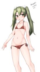 Rule 34 | 1girl, absurdres, bikini, breasts, cosplay, dark green hair, feet out of frame, green eyes, highres, kantai collection, long hair, looking at viewer, lowleg, lowleg bikini, maru (marg0613), mikuma (kancolle), mikuma (kancolle) (cosplay), one-hour drawing challenge, red bikini, side-tie bikini bottom, simple background, small breasts, solo, standing, swimsuit, tongue, tongue out, twintails, white background, zuikaku (kancolle)