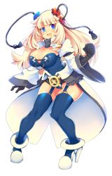 Rule 34 | 1girl, black gloves, blonde hair, blue eyes, blue thighhighs, blush, boots, breasts, cleavage, elbow gloves, garter straps, gloves, hair ornament, happy, high heel boots, high heels, highres, iroyopon, large breasts, long hair, long sleeves, looking at viewer, open mouth, original, smile, solo, thighhighs