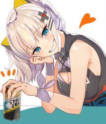 Rule 34 | 1girl, arm support, blue eyes, breasts, can, cleavage cutout, clothing cutout, commentary, drink, hair ornament, kaguya luna, kurokawa (kurokashi655), large breasts, looking at viewer, silver hair, sleeveless, smile, smug, solo, strong zero, the moon studio, twintails, virtual youtuber