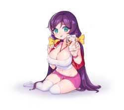 Rule 34 | 10s, 1girl, aqua eyes, blush, bow, breasts, cleavage, female focus, fiodo, gradient background, hair bow, highres, large breasts, long hair, looking at viewer, love live!, love live! school idol project, midriff, navel, purple hair, shorts, sitting, solo, thighhighs, tongue, tojo nozomi, twintails, white background, white thighhighs, yellow bow