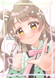 1girl birthday blush border commentary gradient_border heart highres light_brown_hair light_smile looking_at_viewer love_live! love_live!_school_idol_project minami_kotori nagatsuki_chihoru one_side_up pixiv_id solo twitter_username upper_body white_background yellow_eyes