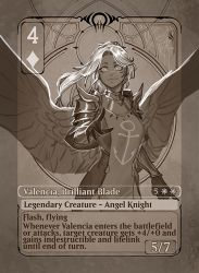 Rule 34 | 1girl, anchor print, armor, card, english text, full armor, gloves, knight, less, long hair, looking at viewer, original, playing card, smile, solo, tunic, valencia (less), wings