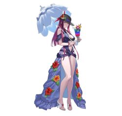 Rule 34 | 1girl, bare shoulders, black dress, black hat, breasts, cleavage, clothing cutout, cuboon, dress, dress swimsuit, drink, fire emblem, fire emblem engage, fire emblem heroes, flower, full body, hair ornament, hat, ivy (fire emblem), large breasts, long hair, looking at viewer, midriff, mole, mole under mouth, navel, nintendo, non-web source, official alternate costume, official art, one-piece swimsuit, purple eyes, purple hair, smile, solo, stomach, stomach cutout, swimsuit
