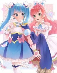 Rule 34 | 2girls, artist request, asymmetrical clothes, bare shoulders, blue cape, blue eyes, blue hair, blush, bow, cape, cure prism, cure sky, dress, earrings, elbow gloves, eyelashes, gloves, green eyes, hair bow, hair ornament, happy, heart, highres, hirogaru sky! precure, jewelry, long hair, looking at another, magical girl, multicolored hair, multiple girls, nijigaoka mashiro, pink hair, precure, smile, sora harewataru, source request, standing, streaked hair, thighhighs, thighs, twintails, white dress, white gloves