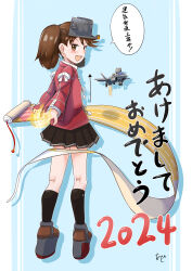 Rule 34 | 1girl, 2024, akashieru, akeome, black socks, blue background, brown eyes, brown hair, brown skirt, commentary request, f-35 lightning ii, flight deck, from behind, happy new year, highres, japanese clothes, kantai collection, kariginu, long hair, looking at viewer, looking back, miniskirt, new year, pleated skirt, red shirt, ryuujou (kancolle), scroll, shirt, skirt, socks, solo, standing, translation request, twintails, two-tone background, visor cap