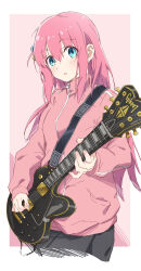Rule 34 | 1girl, absurdres, batatata77, blue eyes, bocchi the rock!, electric guitar, gotoh hitori, guitar, highres, instrument, jacket, long hair, music, pink hair, playing instrument, plectrum, simple background, solo, track jacket