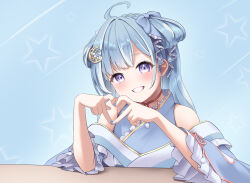 Rule 34 | 1girl, amaui, blue background, blue bow, blue hair, blue kimono, blue nails, blunt bangs, blush, bow, braid, commentary request, crescent, crescent hair ornament, crown braid, frilled kimono, frilled sleeves, frills, grin, hair bow, hair ornament, heart, heart hands, highres, japanese clothes, kimono, long hair, long sleeves, looking at viewer, medium bangs, multicolored hair, naka g, nanashi inc., off shoulder, purple eyes, smile, solo, star (symbol), two-tone hair, upper body, virtual youtuber, white hair, wide sleeves