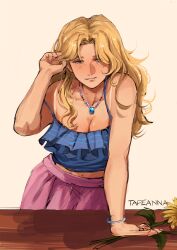 1girl artist_name bare_shoulders blonde_hair blue_eyes blue_tank_top blush breasts cleavage commentary english_commentary flower frilled_tank_top haley_(stardew_valley) hand_on_table highres jewelry large_breasts long_hair midriff navel necklace pink_skirt skirt smile solo spaghetti_strap stardew_valley strap_slip tank_top tapeanna tucking_hair yellow_flower