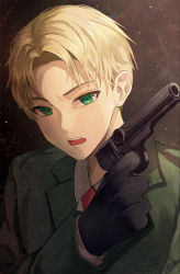 Rule 34 | 1boy, absurdres, black gloves, blonde hair, collared jacket, collared shirt, finger on trigger, formal, gloves, gongha, green eyes, gun, hand up, handgun, highres, holding, holding gun, holding weapon, jacket, looking at viewer, male focus, necktie, open mouth, pistol, portrait, shirt, short hair, solo, spy x family, standing, suit, suit jacket, twilight (spy x family), very short hair, weapon, weapon request, white shirt