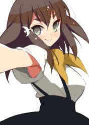 Rule 34 | 10s, 1girl, 9law, :&gt;, armpit peek, armpits, bad id, bad pixiv id, black hair, gatchaman crowds, grey eyes, ichinose hajime, looking at viewer, school uniform, simple background, smile, solo, white background