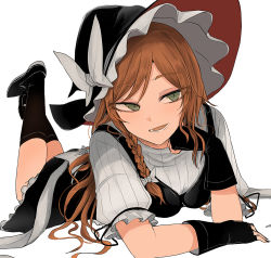 Rule 34 | 1girl, alternate eye color, alternate hair color, arm rest, black dress, black footwear, black gloves, black hat, black legwear, black ribbon, bow, braid, brown hair, commentary, dress, elbow rest, fingerless gloves, frilled dress, frilled sleeves, frills, full body, gloves, green eyes, hair spread out, hand on own cheek, hand on own chin, hand on own face, hand up, hat, hat bow, head rest, highres, kirisame marisa, legs up, light blush, long hair, looking away, looking to the side, lying, necro (nekurodayo), on stomach, open mouth, orange hair, puffy short sleeves, puffy sleeves, red hat, ribbon, sash, shirt, short sleeves, side braid, simple background, single braid, slit pupils, solo, swept bangs, touhou, tsurime, two-sided fabric, two-sided headwear, white background, white bow, white sash, white shirt, witch hat