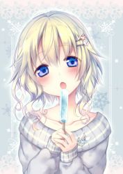 Rule 34 | 1girl, :o, blonde hair, blue eyes, collarbone, food, hair ornament, hairclip, head tilt, long sleeves, looking at viewer, open mouth, original, popsicle, ribbed sweater, riichu, short hair, short hair with long locks, solo, sweater, upper body