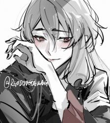 Rule 34 | 1boy, androgynous, ankou (shuuen no virche), bishounen, black nails, black shirt, braid, closed mouth, crown braid, facing viewer, grey background, grey hair, highres, long hair, long sleeves, looking down, male focus, multicolored shirt, red eyes, red shirt, rendong06, shirt, shuuen no virche, sketch, smile, solo, twitter username