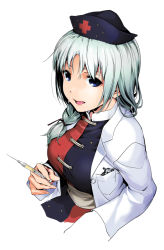 Rule 34 | 1girl, blue eyes, braid, breasts, constellation, cross, dress, from side, hair over shoulder, hat, lab coat, large breasts, looking at viewer, looking to the side, nurse cap, parted lips, red cross, sash, silver hair, single braid, smile, solo, syringe, teoshiguruma, touhou, upper body, yagokoro eirin
