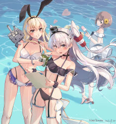 Rule 34 | 3girls, amatsukaze (kancolle), artist name, bikini, black one-piece swimsuit, black scrunchie, blonde hair, blush, breasts, brown eyes, brown hair, collarbone, dated, dress, food, grey hair, grin, hair between eyes, hair tubes, highres, himeyamato, holding, holding food, kantai collection, long hair, medium breasts, multiple girls, one-piece swimsuit, open mouth, popsicle, rensouhou-chan, scrunchie, shimakaze (kancolle), short hair, signature, small breasts, smile, swimsuit, thigh strap, two side up, underboob, white bikini, white dress, wrist scrunchie, yellow eyes, yukikaze (kancolle), yukikaze kai ni (kancolle)